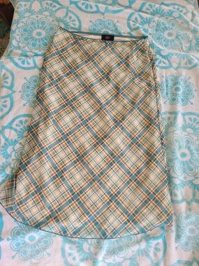 R2 Plaid A-Line Midi Skirt in Teal, Cream, and Brown